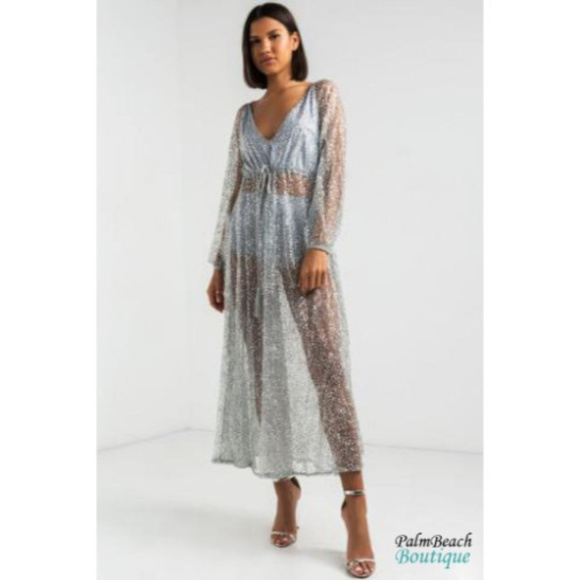 In The Beginning Dresses & Skirts - Silver Sparkled Long Sleeve Glitter Maxi Dress